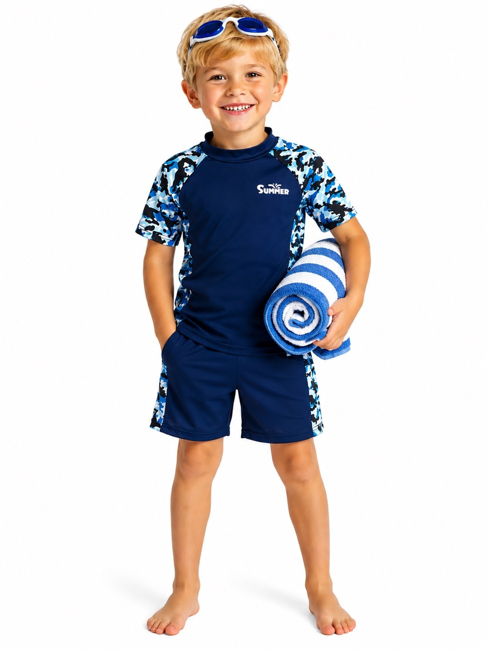 Boys Navy Blue & Camo Rash Guard Set